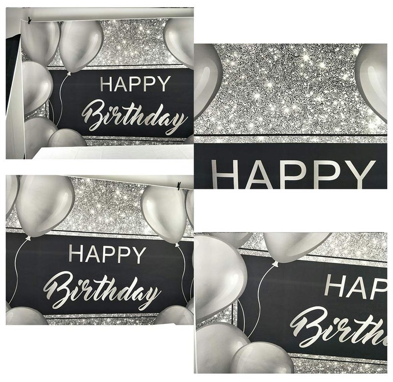 Laeacco Happy Birthday Backdrop 7x5ft Black and Silver Glitter Birthday Backdrops for Men Grey Balloons Birthday Party Decoration Cake Table Banner Supplies Child Kid Baby Woman Birthday Photo Studio - Image 4